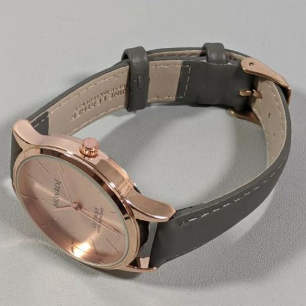 Monroe SOLÉROSE Watch Rose Gold CHARCOAL LEATHER Strap Unisex NWT - Picture 4 of 5